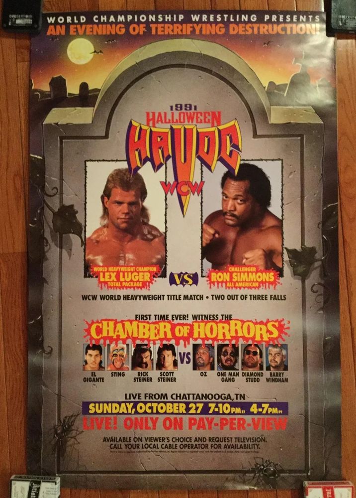 1991 Halloween Havoc poster. Lex Luger vs. Ron Simmons. Chamber of Horrors match! BAH GAWD!