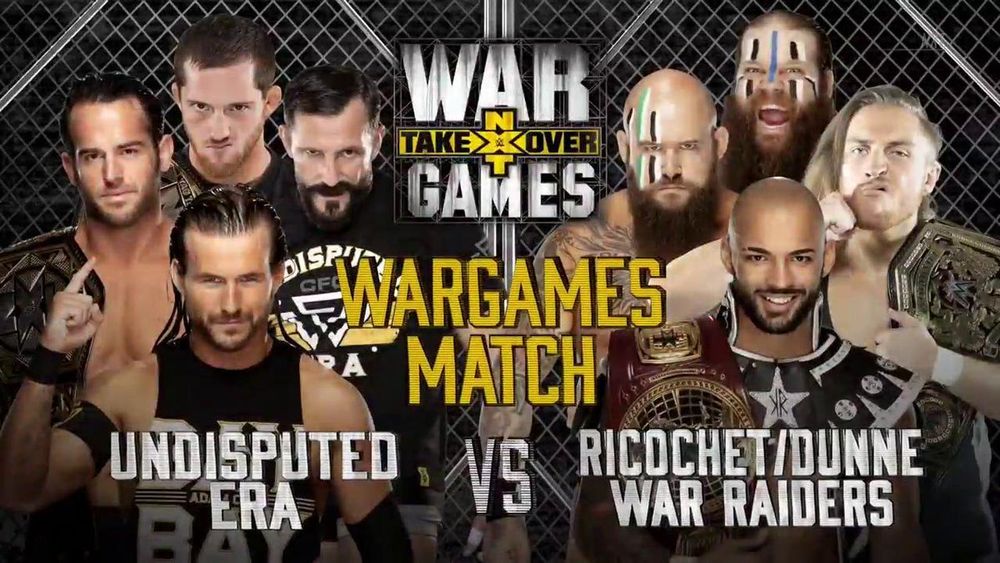 2018 NXT WarGames match graphic with Roderick Strong, Adam Cole, Kyle O'Reilly, and Bobby Fish on the left side with white text "Undisputed Era" underneath, Rowe of the War Raiders, Ricochet, Hanson, and Pete Dunne on the right side with white text "Ricochet/Dunne/War Raiders" text underneath and the NXT TakeOver: WarGames logo in the upper center with yellow text beneath it saying "WARGAMES MATCH"