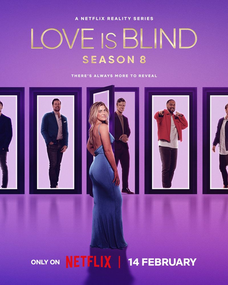 Love Is Blind Season 8 poster. Cast member Sarah in a blue dress facing doors with male cast members and looking back to the camera.
