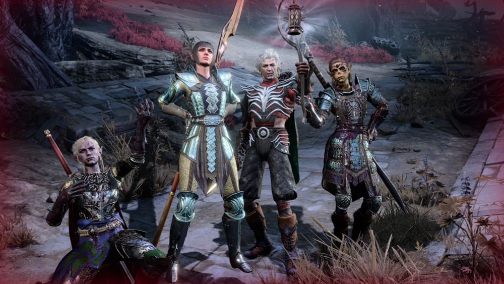 A baldurs gate screen capture of minthara, shadowheart, astarion, lae'zel