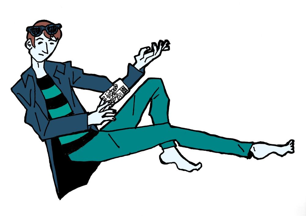 A mixed traditional and digital illustration of a thin very pale man with red hair floating barefoot wearing a turquoise and black striped shirt, long coat, jeans, sunglasses and holding a Death tarot card