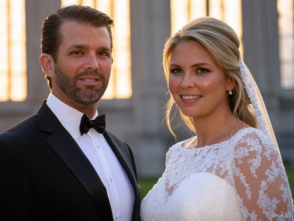 AI-generated future wedding photo of Donald Trump jr. and crown princess Amalia of the Netherlands.
