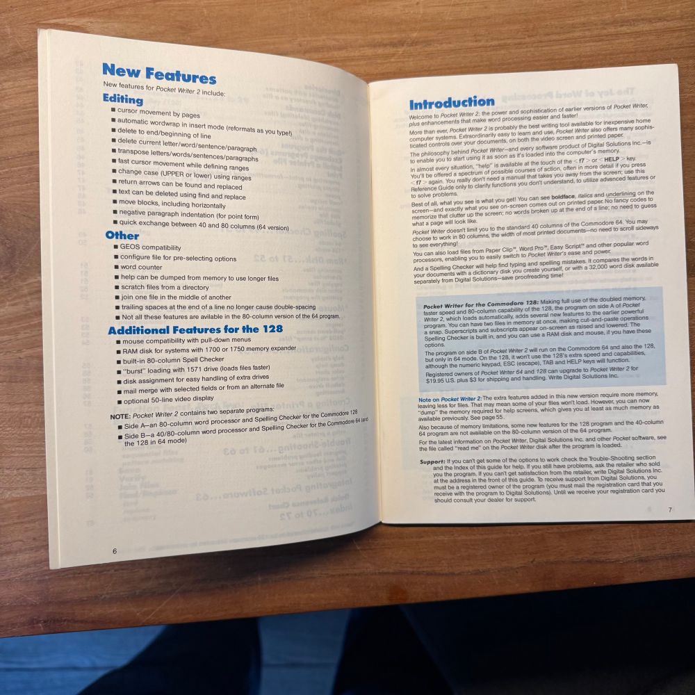 Inside of manual of Pocket Writer showing C128 capabilities.