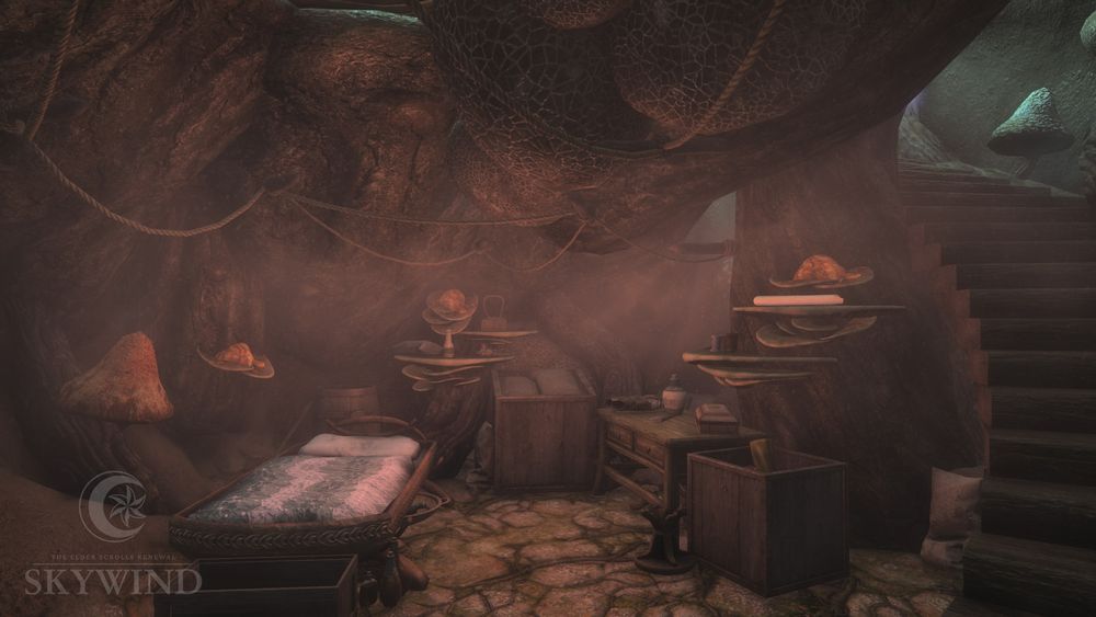 Picture of the interior of the tavern Fara's Hole in the Wall inside a mushroom, showing a small bedroom underneath a staircase. The room includes a cot, a desk, and storage containers. A couple of flat mushrooms growing on the wall serve as shelves, and the room is filled with a light mist.