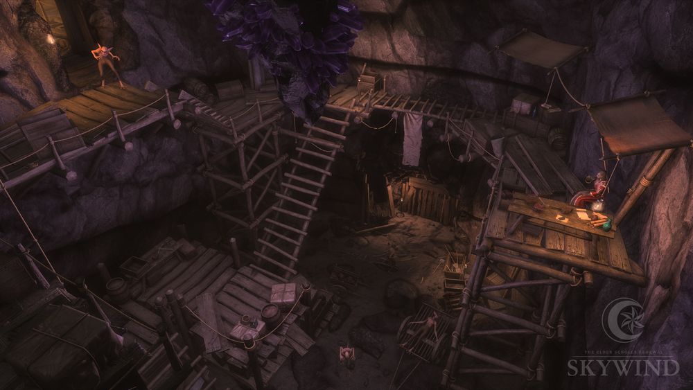 Picture from inside Ibar-Dad, giving an overhead view of a section of the cave undergoing excavation. Wooden scaffolding, ropes and ladders make up the site, and there are scamps roaming the area. A mage can be seen sitting by a desk filled with tools, notes and scrolls.