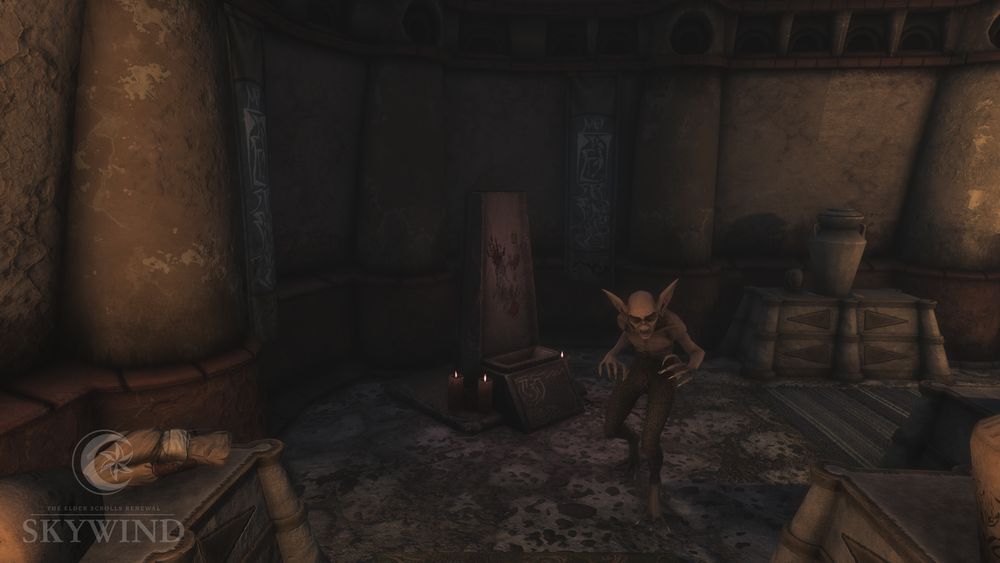 Image of the interior of Andavel Ancestral Tomb, highlighting the corner of a room of urns and other objects, featuring a small shrine seemingly guarded by a Scamp.