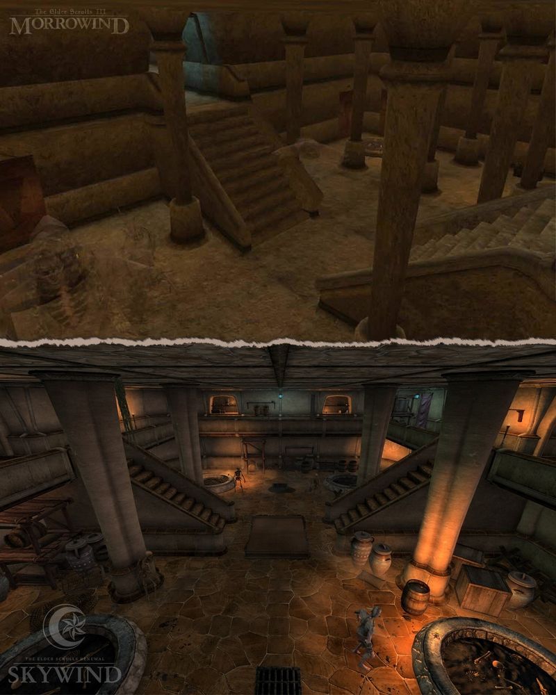 Image is split in two, showing St. Olms Storage from Morrowind as the top half, and the same location in Skywind below. Depicted is a large hall, encompassing staircases and pillars. The top picture features scarce interior design, while the bottom picture includes more clutter.