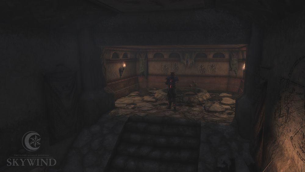 Image of the interior of Andavel Ancestral Tomb, showing an ash pit placed at the top of a large staircase, guarded by a Dremora.

