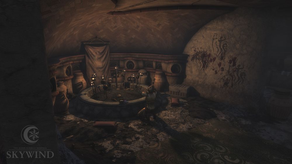 Image of the interior of Andavel Ancestral Tomb, featuring a corner with many urns surrounding an ash pit, and a Golden Saint kneeling in front of it.