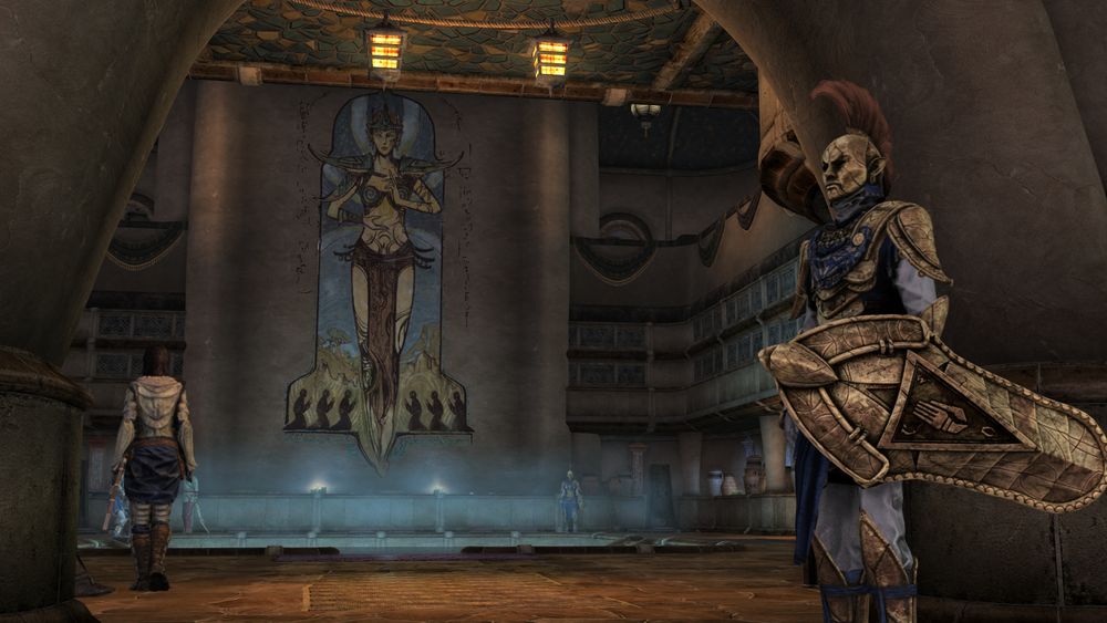 The waistworks of Molag Mar, with guards on duty in Indoril armor, and a huge mural of Almalexia.