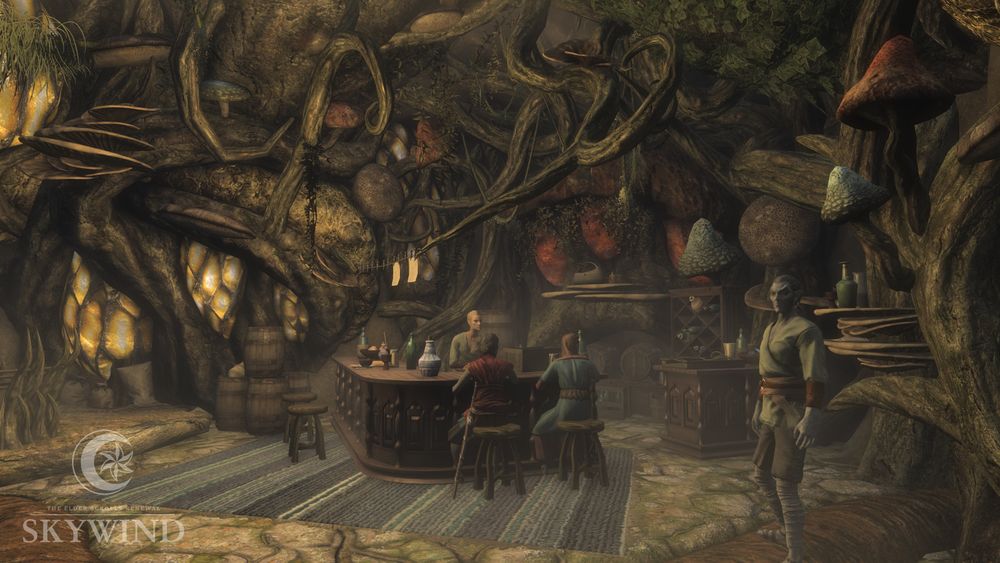 Picture of the interior of the tavern Fara's Hole in the Wall inside a mushroom, showing a bar with an assortment of flasks and bottles, and visitors sitting on bar stools. The walls and ceiling are covered in mushrooms, roots, and moss.