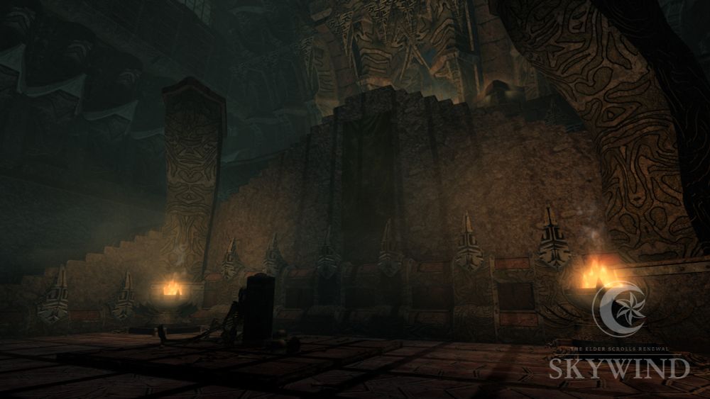 Interior picture of the Dushariran daedric ruin, featuring a closeup of the altar in between the staircases. In the middle of the altar sits a pedestal, bones are scattered around, and a skeleton is resting against the pedestal.
