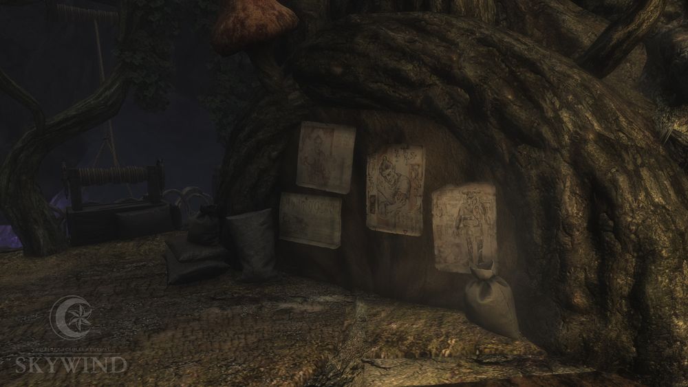 Picture of the interior of the tavern Fara's Hole in the Wall inside a mushroom, highlighting a root wall with various posters.