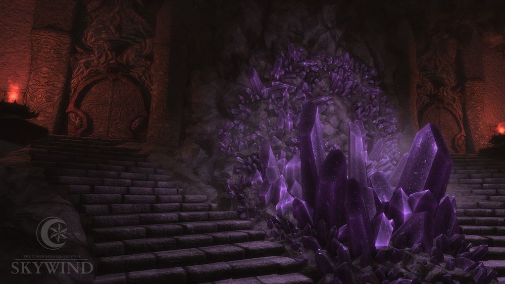 Picture from inside Ibar-Dad, showing a large cluster of crystals protruding from the cave wall and floor. Stone staircases run along each side of the crystals, each leading up to an ornate stone door. 