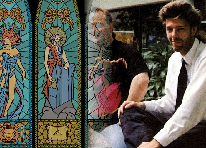 A stained-glass window showing the Aedric god Julianos, and a Daggerfall group photo showing Julian LeFay with his leg propped on his knee.
