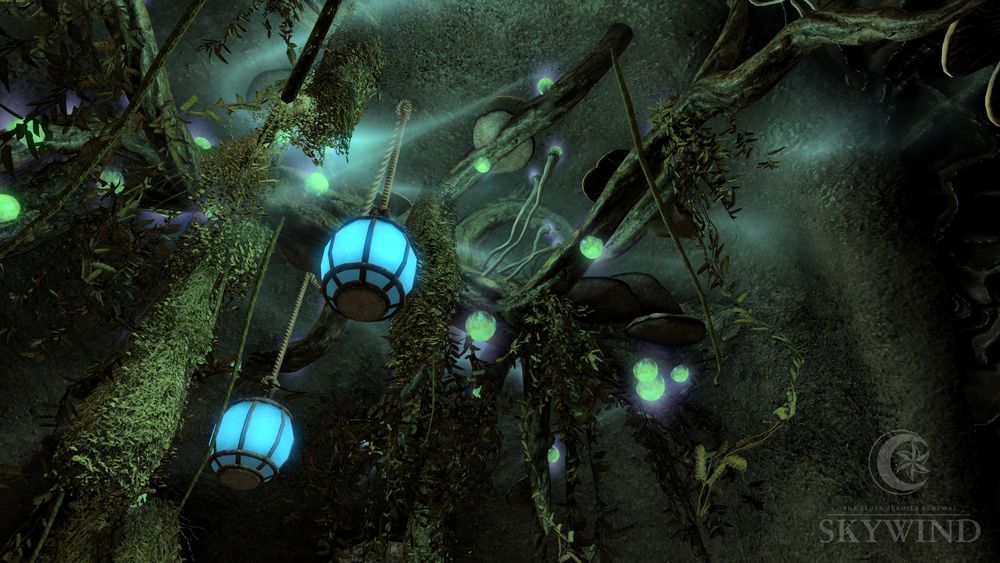 The interior of a room in a Telvanni mushroom house, highlighting an intricate ceiling made up by roots, vines, moss, and mushrooms, covered in green luminescent bulbs. Two lanterns hang from the ceiling, glowing blue.