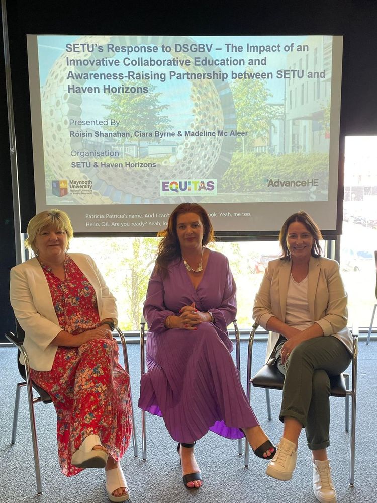L to R: Madeline Mc Aleer (Haven Horizons), Róisín Shanahan and Ciara Byrne (SETU), standing in front of slides discussing the impact of the collaborative partnership between SETU and Haven Horizons