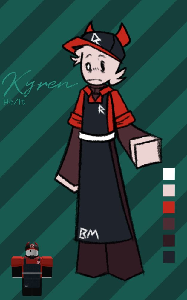 Kyren
He/It

Kyren wears a black sweater under a red button-up with short sleeves, the Bloopermarket janitor uniform, A Roblox pin, and a Roblox hat with demon horns.

-

Kyren has one black eye and one white eye. The white eye is smaller than the black eye. He has white hair, a tooth gap, and he’s ambidextrous.

It likes cleaning, listening to music, and eye contact. It doesn’t like being alone, having nothing to do, and birds.

He’s usually nervous and anxious and is almost never relaxed or calm. He fears losing his job, and hopes to get a raise to make more money to survive. 

-

Kyren knows he’s not the best janitor, but he’s trying his best and that’s what matters. It doesn’t talk much and acts strange, but it does its job. While trying to make money to survive, he finds he can’t recall how he got here in the first place. It doesn’t matter to him though, he likes cleaning anyway. It’s a bit worried about what’s going on outside, though. When was the last time he’d seen the sun?