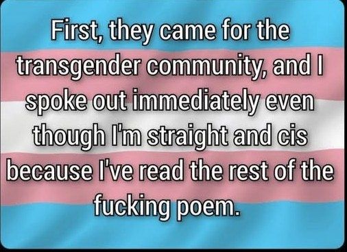 Trans flag in the background with 'First, they came for the transgender community, and I spoke out immediately even though I'm straight and cis because I've read the rest of the fucking poem.'.