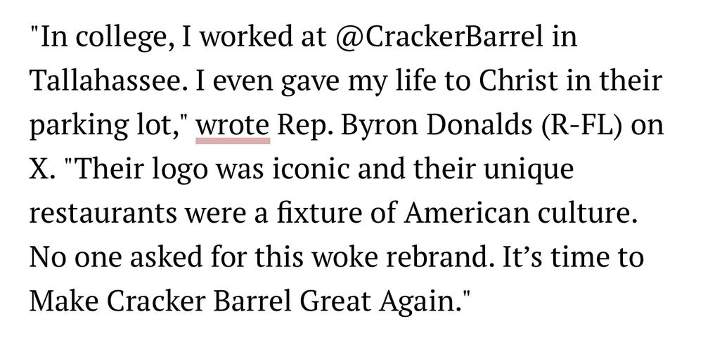 Rep Byron Donalds (R-FL) complains about Cracker Barrel becoming woke and waxes nostalgic about having given his life to Christ in a pre-woke Cracker Barrel parking lot.