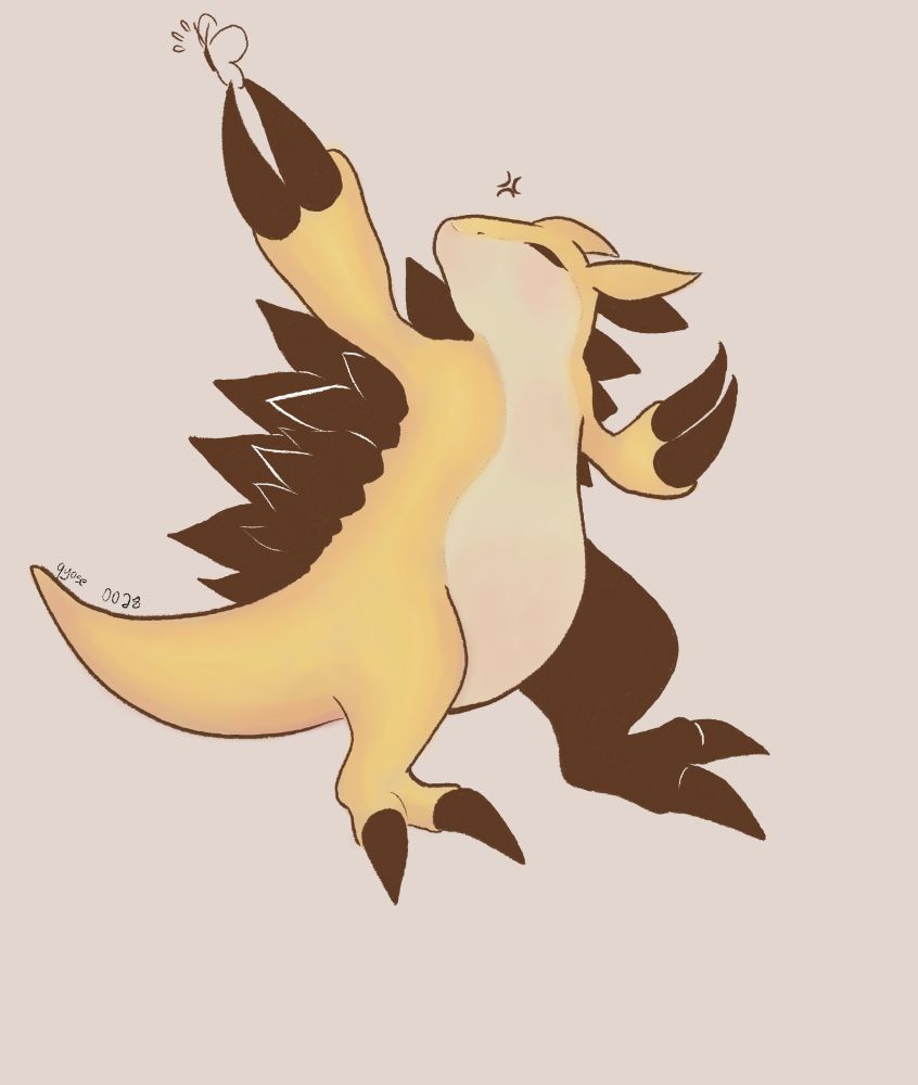 Desenho digital do pokémon sandslash capturando uma borboleta que estava perturbando ele.