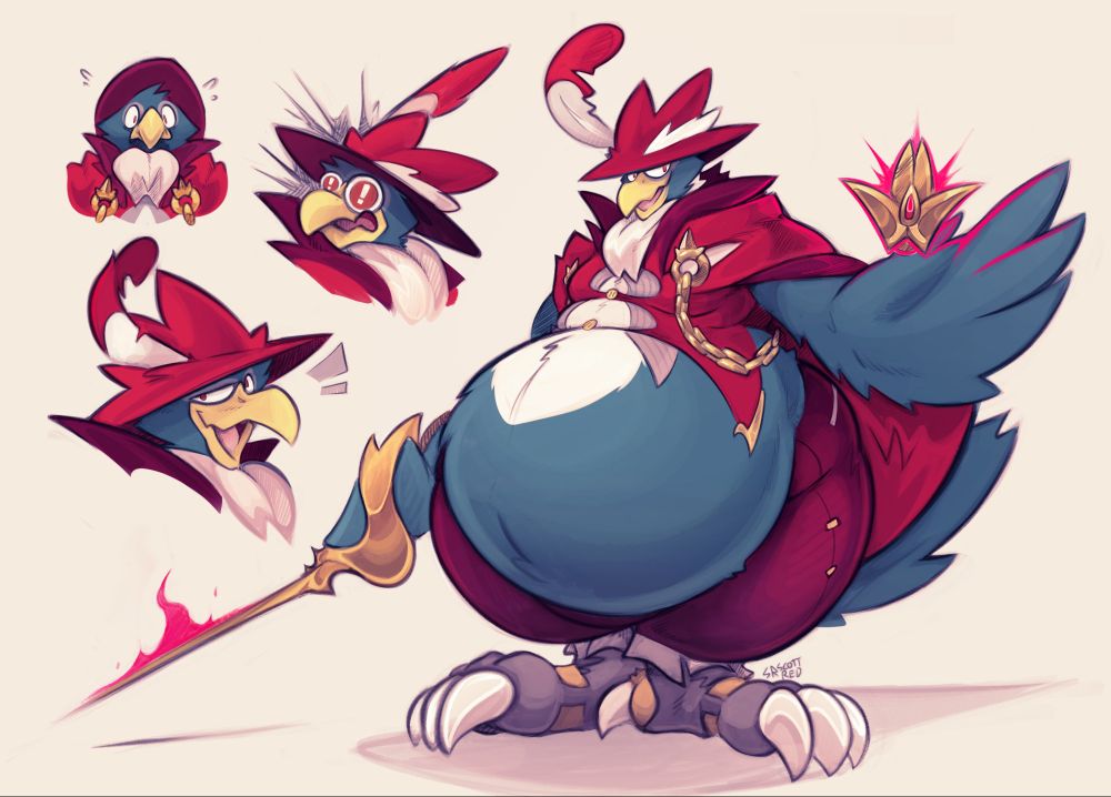 an expression sheet featuring my Murkrow alternate fursona, donning bright red attire, wielding a foil, and sporting a large, rotund belly