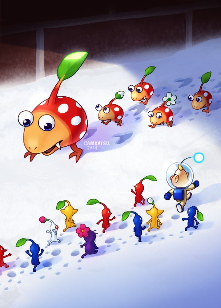 digital illustration of a large bulbmin leading a group of smaller bulbmin through a snowy area. opposite of them, louie leads a group of various pikmin. the two groups notice each other as they walk past each other.