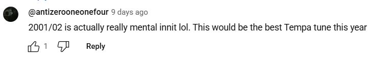 YouTube comment: 2001/02 is actually really mental innit lol. This would be the best Tempa tune this year