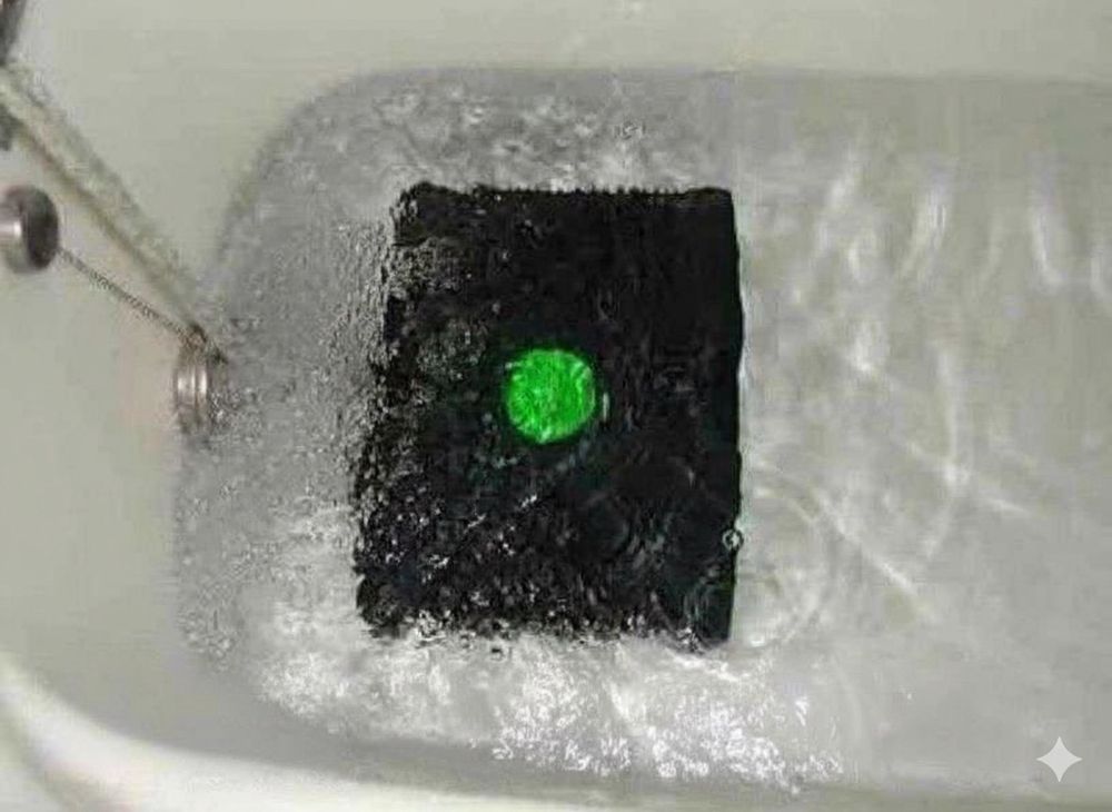 The original Xbox submerged in a bathtub, with the tap on.