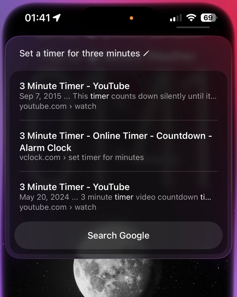 Siri interface showing the spoken request “Set a timer for three minutes” followed by web search results, including YouTube and online timer links.