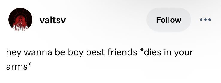 valtsv
Follow
•
hey wanna be boy best friends *dies in your arms*