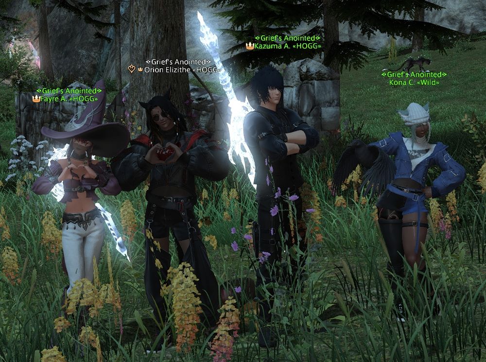 Fayre, Orion, Kazuma and Kona posing in Il Mheg with "Grief's annointed" title from quantum verse 15