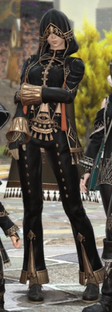 A shot of glamour from the new 7.4 dungeon. The character is in a long sleeved shirt and pants that are black with gold accents.