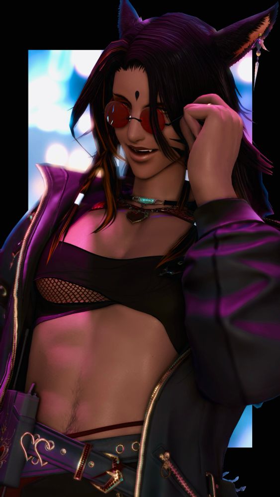 Orion stands before a blurry background of color and a cut out box of black. His hand is to his frame arm of his glasses, smile warm and mischievous behind them. He’s in a very revealing top and jacket with black and red accents.