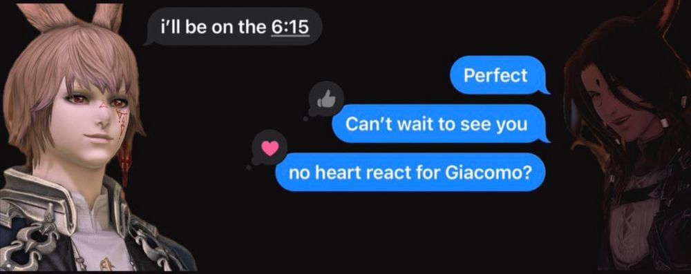 A text convo with Loifa’s bust on the left and Orion on the right.

i'll be on the 6:15

Perfect
Can't wait to see you
no heart react for Giacomo?
