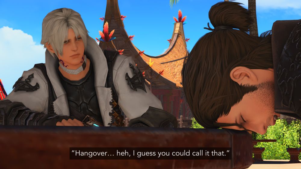 Meteor laughs, eyes still shut. "Hangover... heh, I guess you could call it that."

Thancred’s expression turns confused.