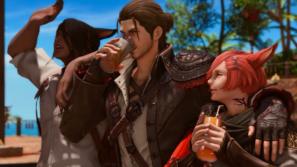 Another angle from G’raha’s height. Orion, Meteor and G’raha walk as the last two drink fruity drinks and smile. Orion covers his eyes from the sun. 