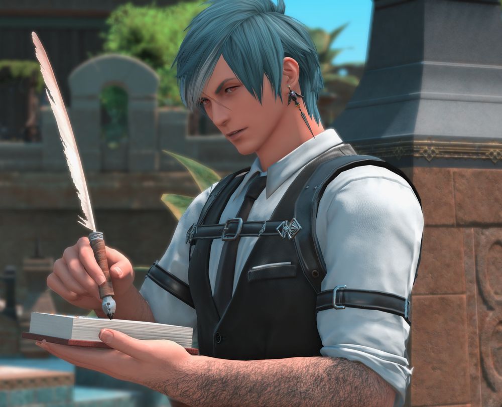 Granson in the bouncer outfit with the /pen emote looking unscrupulously at the viewer.