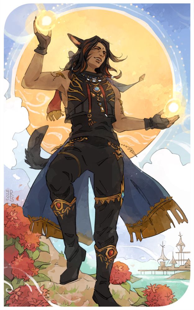 Orion in the style of the fool tarot card. He is on the cliffs of Costa del Sol as its flowers are around his feet and the town is in the distance behind him. The Etoile set graces his frame as wind pushes its pieces alone with his hair. In his hands sit two of azem’s symbols of the sun, dots to an even larger sun behind his head. Art is by artist-rat on bsky and tumblr.