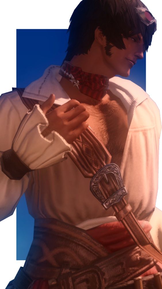 Leofard wearing an open neck shirt that shows his chest, hand pulling at the strap strung across it. 