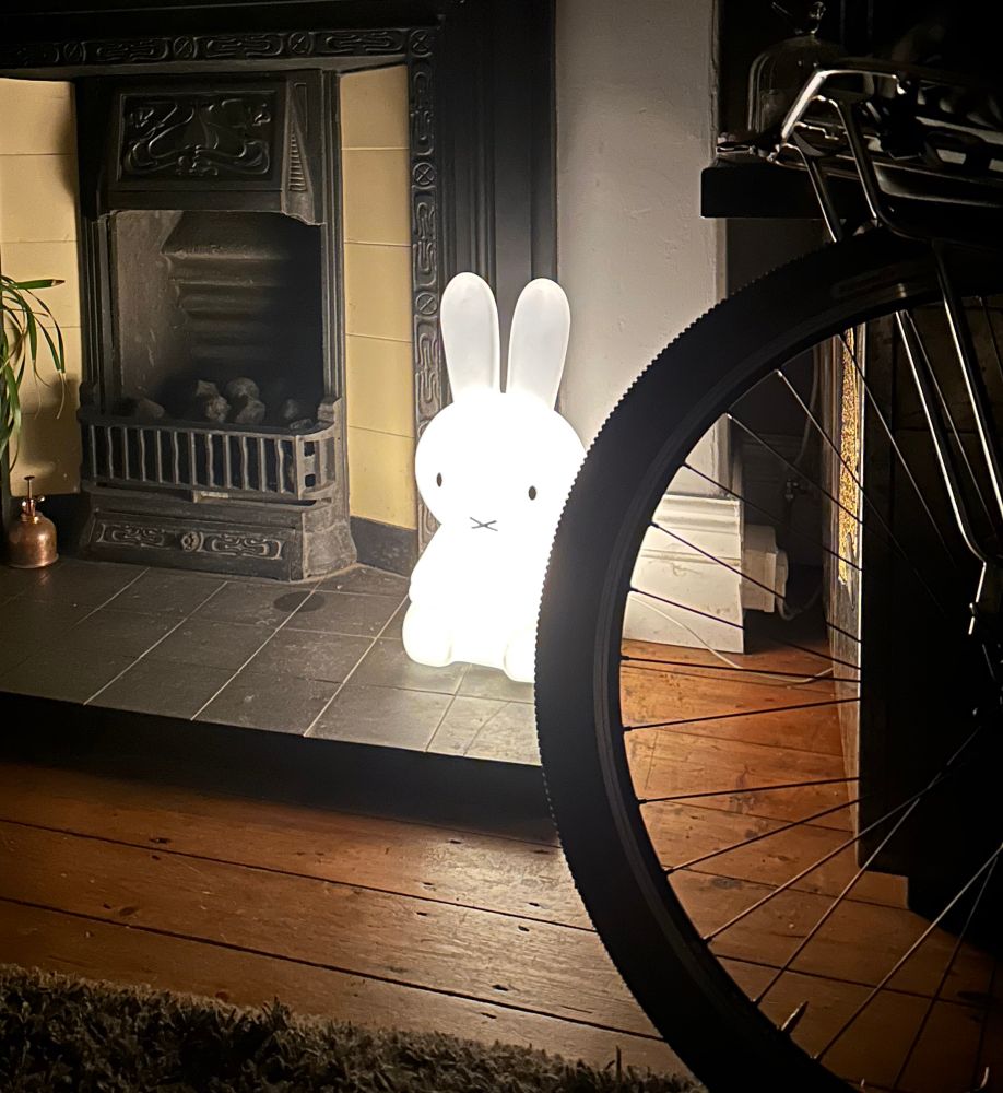 A Miffy lamp sits illuminated on a hearth with no fire lit. In the foreground is a 700c bike wheel in silhouette. Illustrating the two different dynamics in the house. 