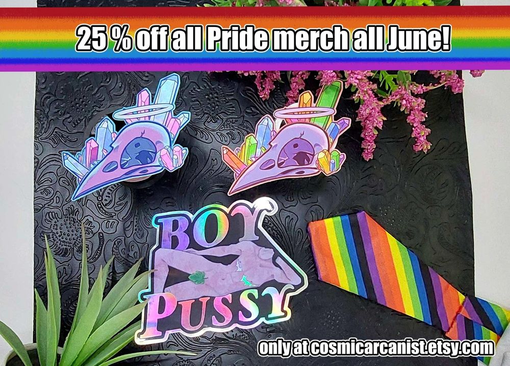 pride stickers (rainbow and trans coloured crow skulls and crystals, boy pussy sticker) designs. Banner reads: 25% off all pride merch all june!