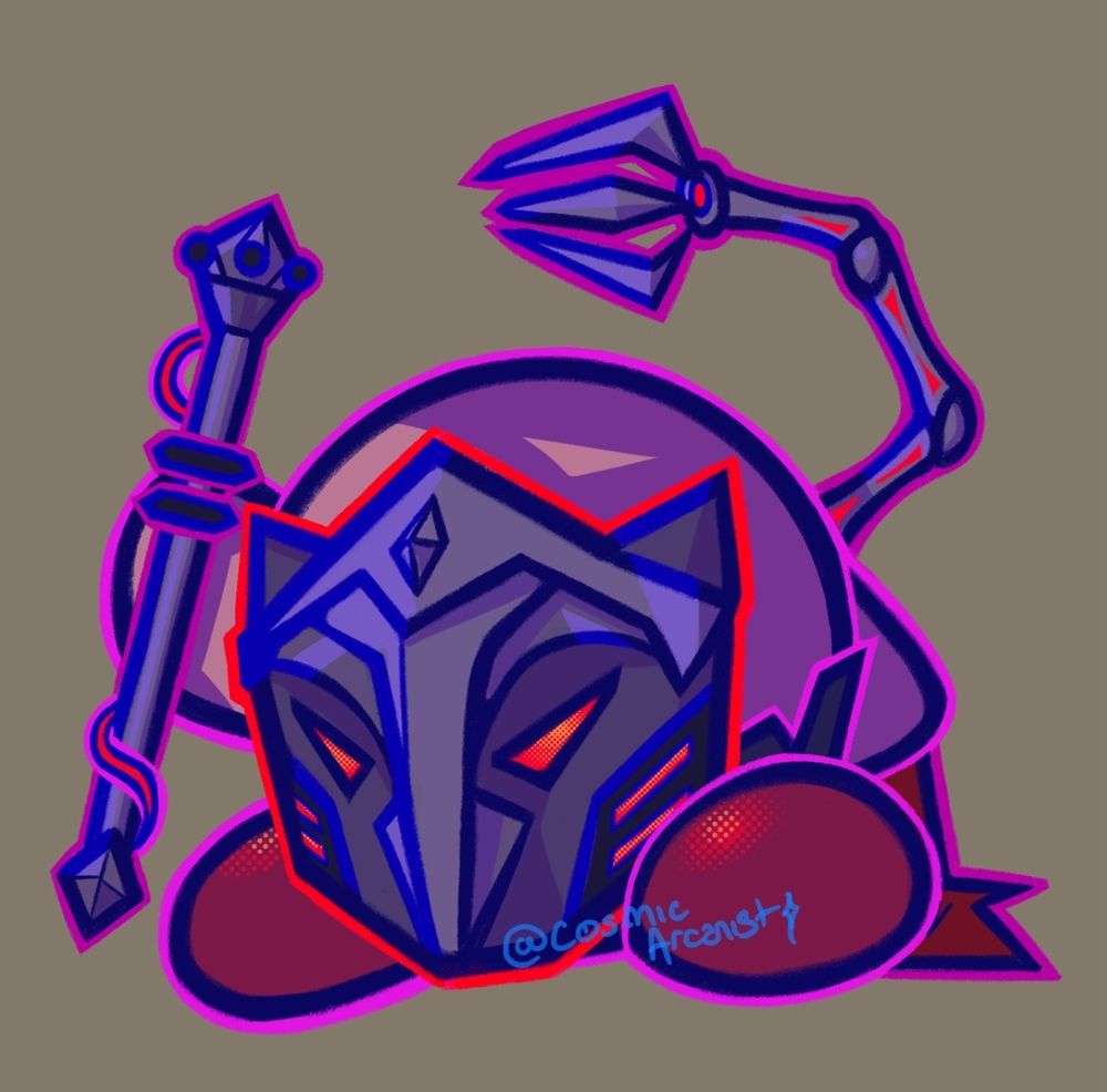 kirby wearing the machine herald mask, with staff and third arm and cape