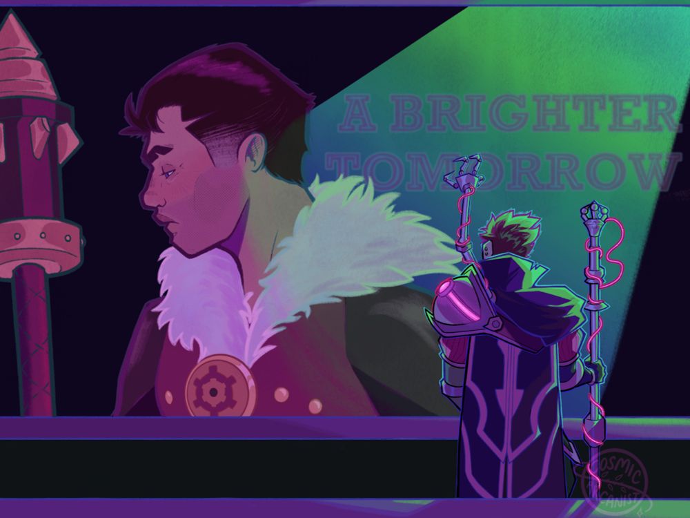 Vikjayce piece from League of Legends. Viktor on the right stares forlornly at a giant billboard of Jayce. He is illuminated in bright Zaun green light coming from the right side. He is facing away from the viewer. Jayce on the billboard stares away from Viktor and down, turned away. He looks just as forlorn. "A Brighter Tomorrow" is plastered on the billboard under the light.