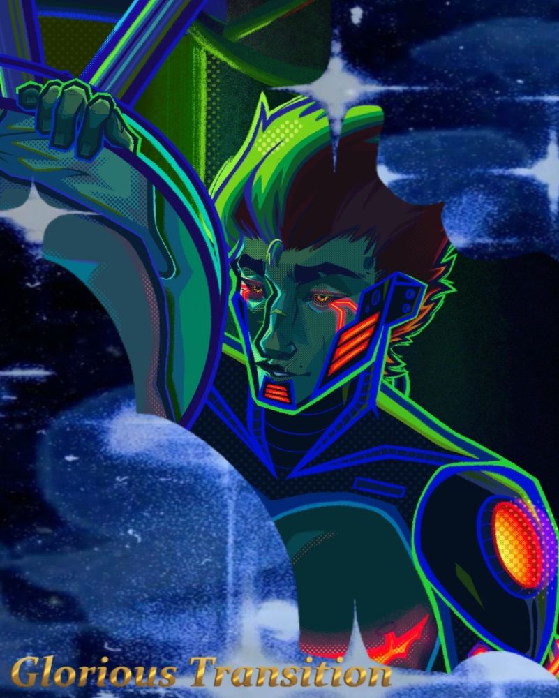 Crop of my piece for the t4t jayvik zine. Machine Herald Viktor is seen maskless, one hand on a mirror, glowing top scars peeking out. In the bottom left it says the name of the zine, Glorious Transition