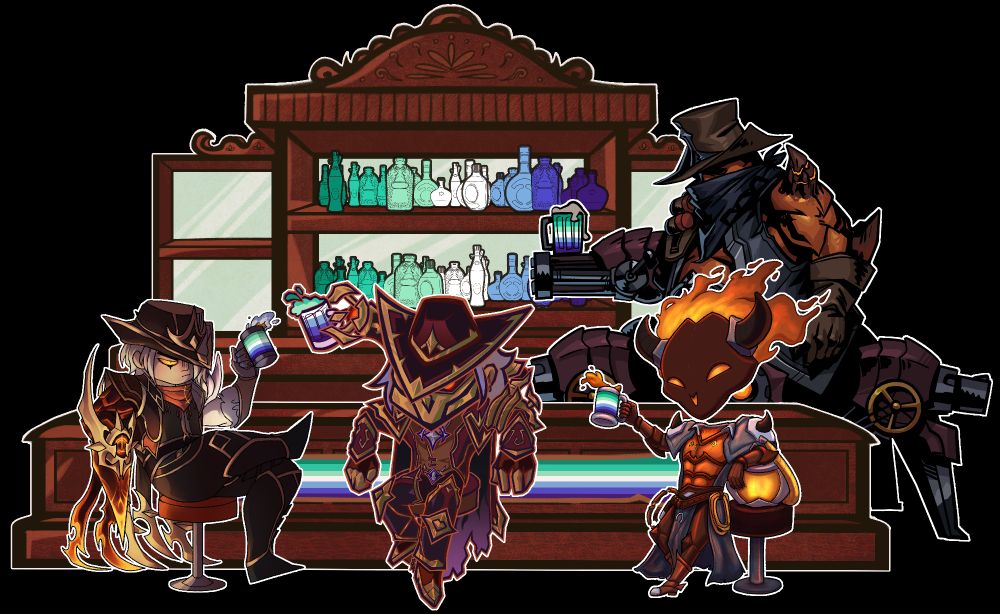 High Noon champions at a saloon bar. They each toast with a mug coloured with the gay flag colours, and the bar is decorated with a gay flag, and the bottles are gay coloured. Talon by @darkvestiges, Viktor and background by me, Thresh by @death_warden, Urgot by @Zetta_Aznec