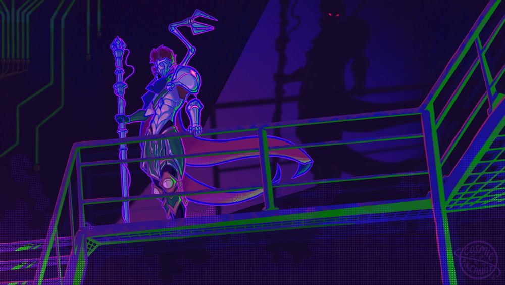 Illustration of Viktor the Machine Herald from League of Legends. He stands aloft in the walkways deep in the Sump of Zaun, looking down. He stands with grace and intimidation, grabbing the railing with his robot arm. He is lit with the neons of Zaun and surrounded by steam and The Grey. Behind him, his shadow looms, larger and darker, its eyes aglow, a predator.