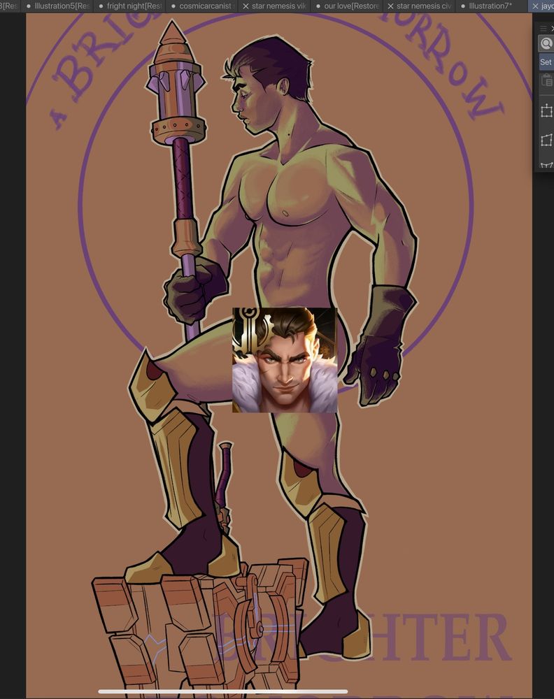 wip of a pinup of jayce where he is stepping on his hammer and looking down solemnly, tits out. jayces in game icon is censoring his butt