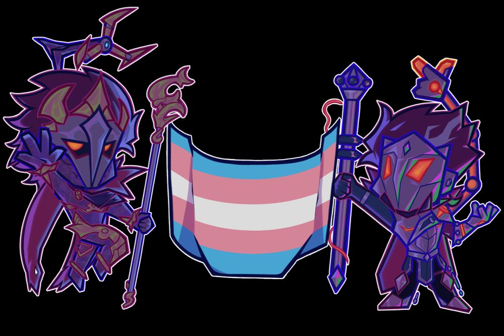 Arcane Herald and Machine Herald Viktors holding up a trans flag between them