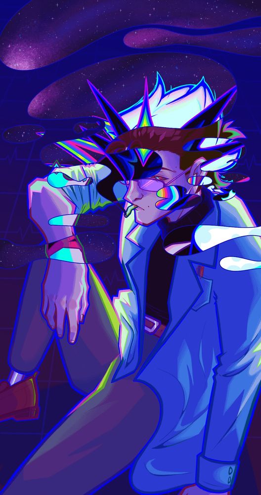 Illustration of my design Viktor from League of Legends for Star Guardian universe. He is sitting in a vapor wave esque void, prosthetic leg propped up and arm resting against it. He is sideeyeing up at the viewer, apathetic and disinterested, a cigarette perched in his mouth, glasses perched on his nose. He is in his doctor lab coat. Through the smoke wafting around and in front of him, his Star Nemesis look is revealed.